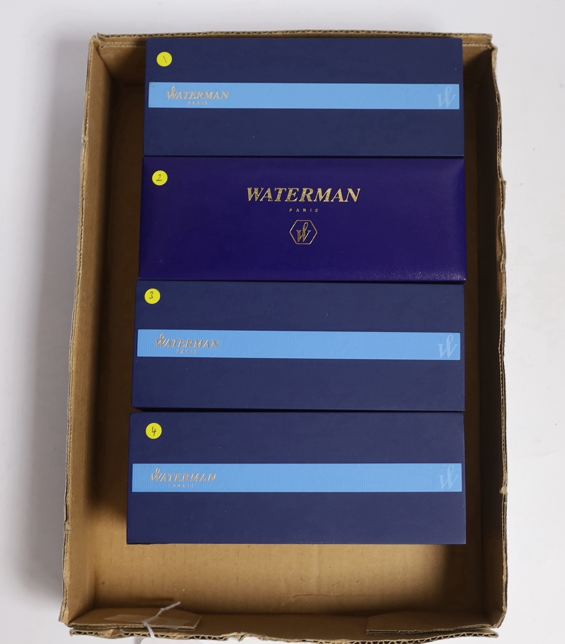 Eight boxed Waterman pens; three Expert Rollerball pens, a Hemisphere Ballpoint pen, an Expert Fountain pen, an Expert Ballpoint pen, an Exception Rollerball slim pen and an Expert Essential Ballpoint